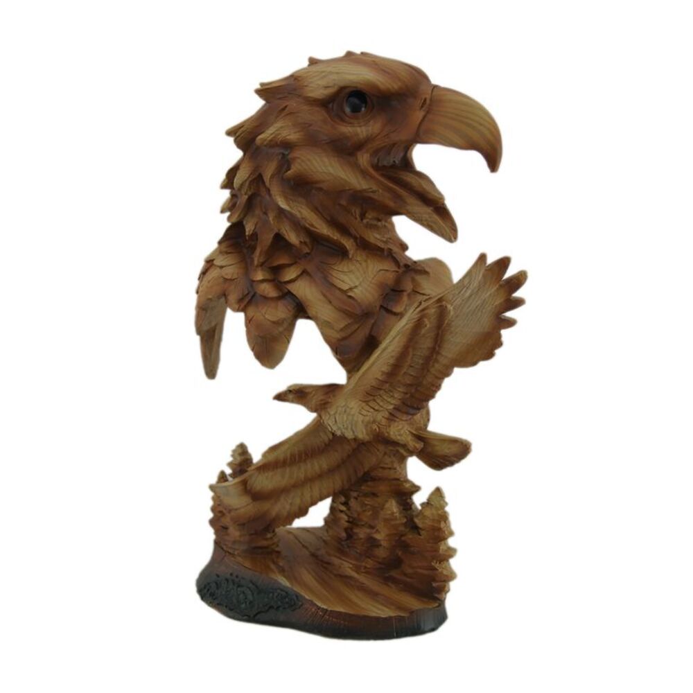 Carved Wood Look Bald Eagle Bust and Scene Tabletop Statue